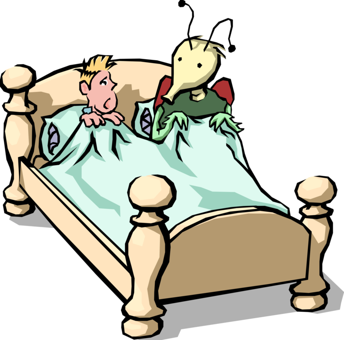 Vector Illustration of Parasitic Bed Bug Insect with Man in Bed