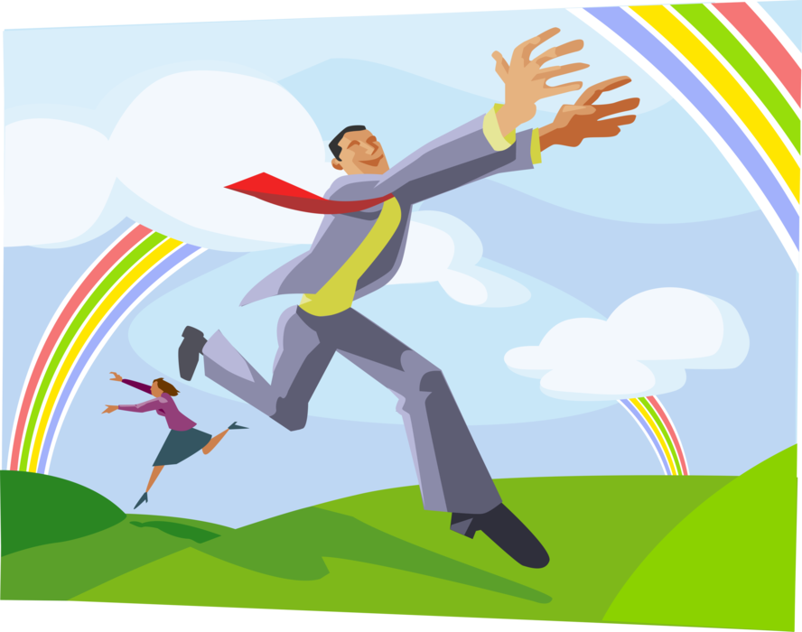 Vector Illustration of Business Colleagues Chasing Rainbows