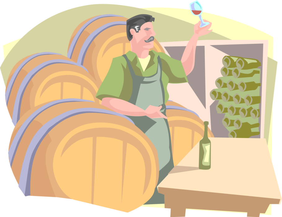 Vector Illustration of Winemaker in Vineyard Wine Cellar with Cask Barrels Samples Red Wine