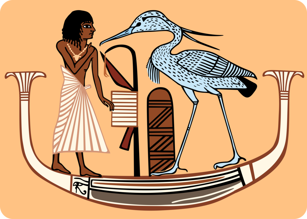 Vector Illustration of Ancient Egyptian Reed Boat with Heron Bird