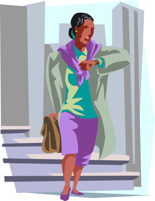 Vector Illustration of Businesswoman Walking to Meeting Checking Time on Watch