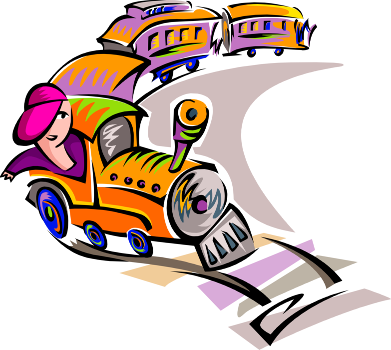 Vector Illustration of Train Travel with Locomotive on Railway Tracks