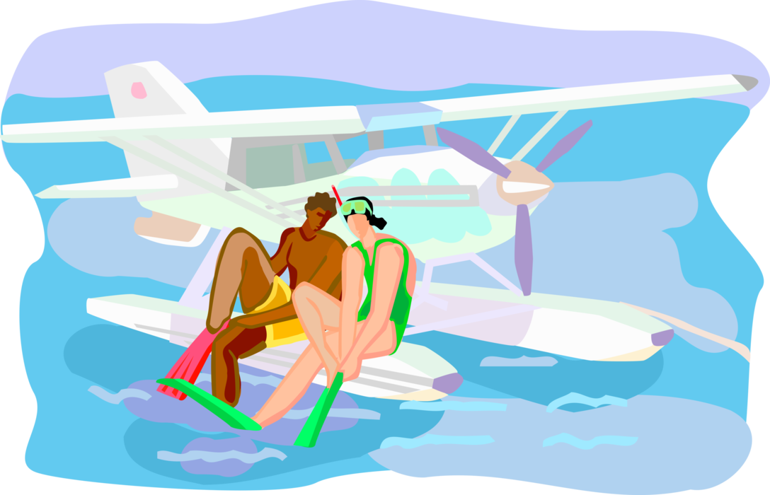 Vector Illustration of Vacation Tourists with Swim Fins and Masks with Pontoon Plane on Water