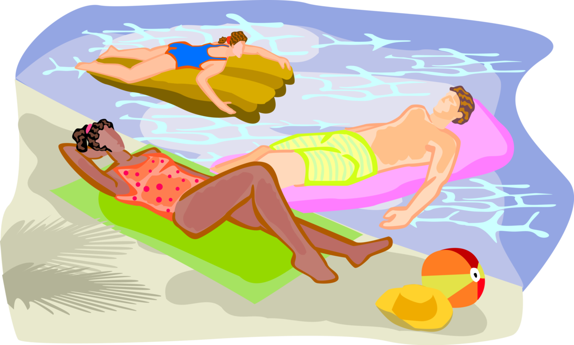 Vector Illustration of Hot Summer Day Swimming and Relaxing in Pool with Inflatable Toys