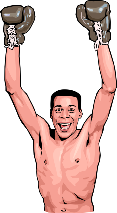Vector Illustration of Prize Fighter Boxer Raises Arms in Victory Celebrating Win in Boxing Ring