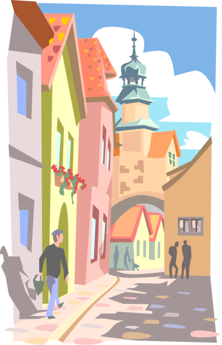 Vector Illustration of French Provincial Village or Town Street in France
