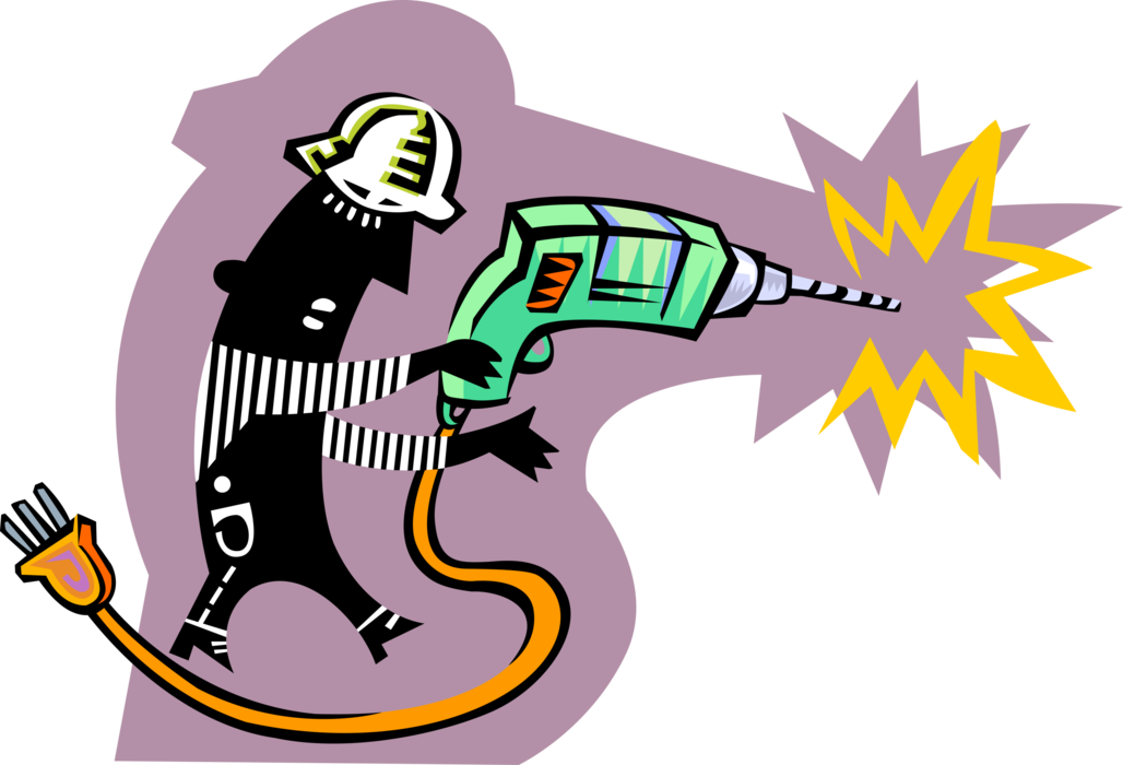 Vector Illustration of Construction Worker Operates Electric Drill on Job Site