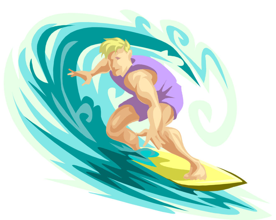 Vector Illustration of Surfing Surfer Dude Surfs an Ocean Wave on Surfboard