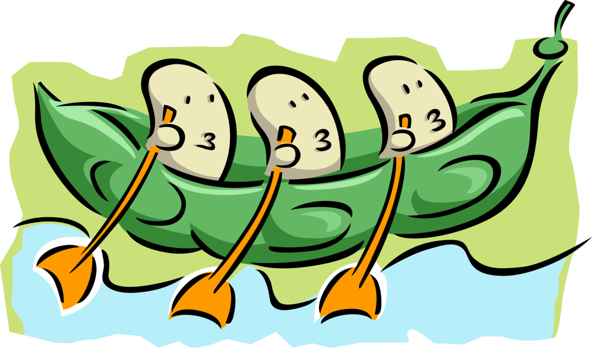 Vector Illustration of Three Cute Little Peas in Pod Boat Rowing
