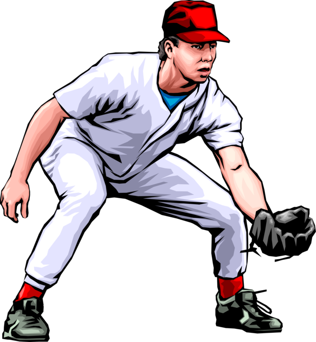 Vector Illustration of American Pastime Sport of Baseball Player Fielding the Ball