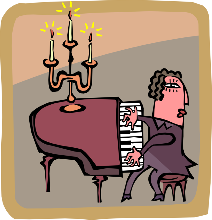 Vector Illustration of Concert Pianist Musician Plays Grand Piano Keyboard Musical Instrument