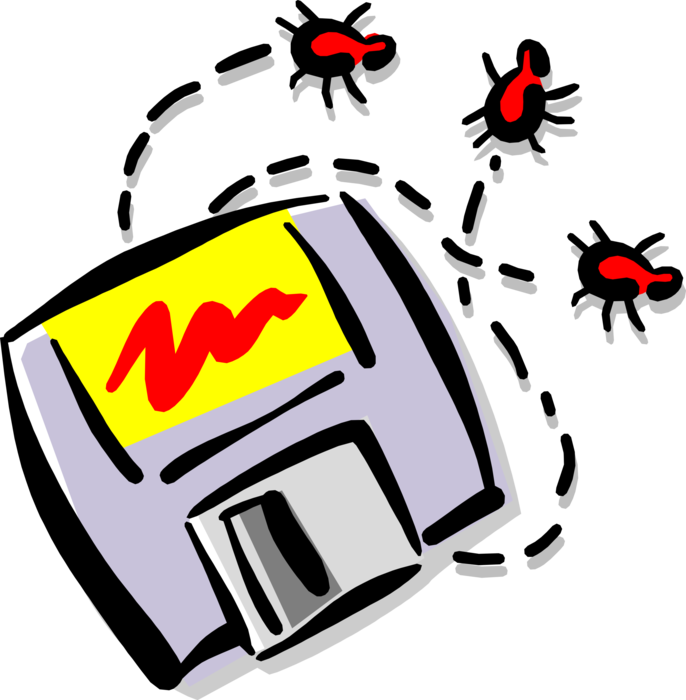 Vector Illustration of 3.5" Diskette Disk Digital Storage Option Infected by Malware Virus