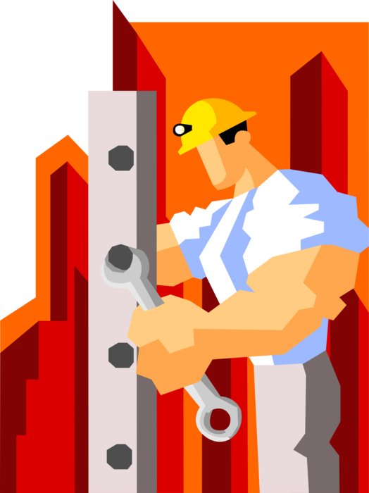 Vector Illustration of Powerful Construction Worker with Jacked Biceps and Forearms Assembling Machinery