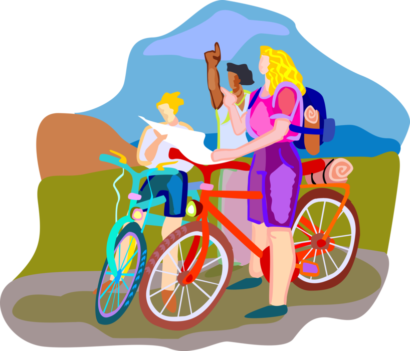 Vector Illustration of Tourists on Vacation on Bicycle Tour Receive Directions from Local Inhabitant