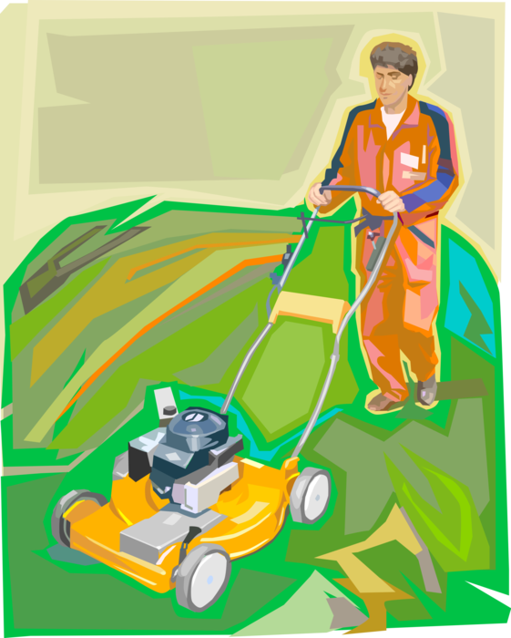 Vector Illustration of Lawn Care Worker Mows the Grass with Yard Work Lawn Mower