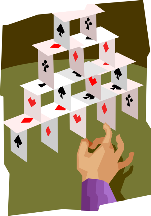 Vector Illustration of House of Playing Cards Built on Shaky Foundation About to Collapse