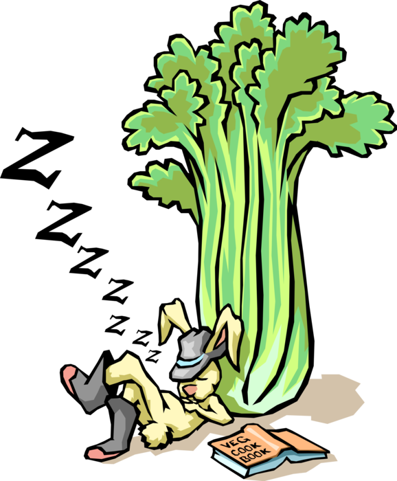 Vector Illustration of Small Mammal Rabbit Catches Some Zzzz's with Vegetable Celery Stalk
