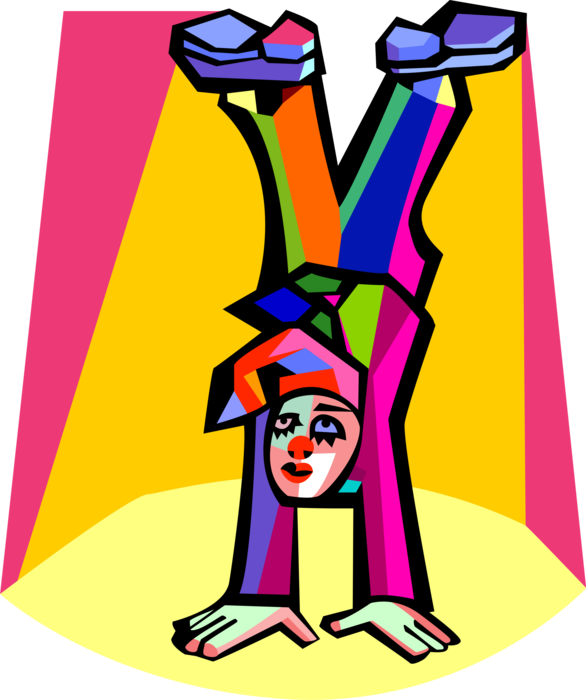 Vector Illustration of Big Top Circus Clown Stands on Hands in Spotlight