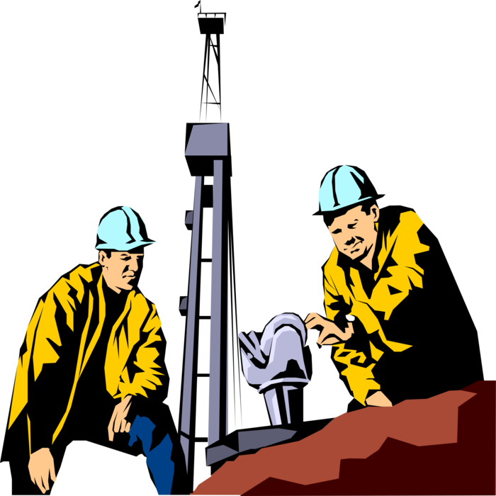 Vector Illustration of Fossil Fuel Petroleum and Gas Industry Oil Workers with Drill Bit and Derrick