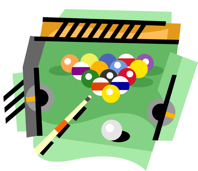 Vector Illustration of Game of Pool and Pocket Billiards Balls and Cue Stick