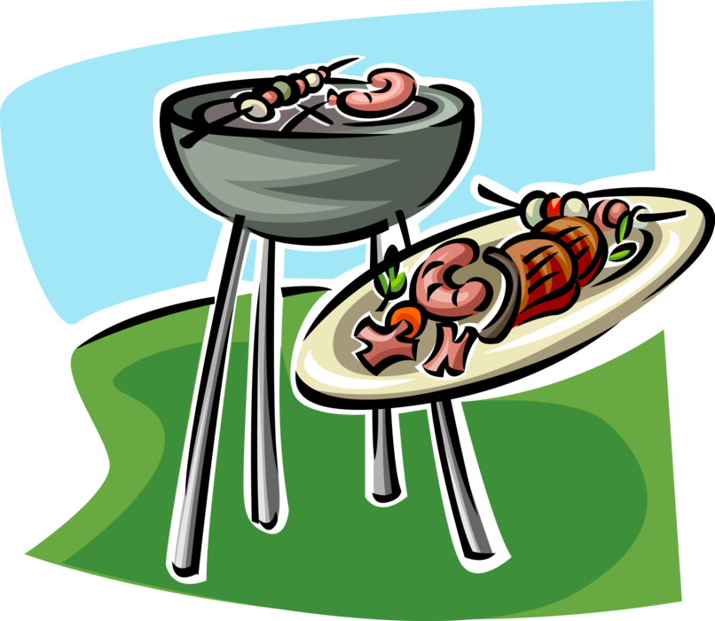 Vector Illustration of Outdoor Summer Barbeque or BBQ with Shish Kabobs Skewers on Hot Grill