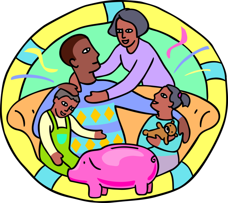 Vector Illustration of Family Sitting on Sofa with Piggy Bank