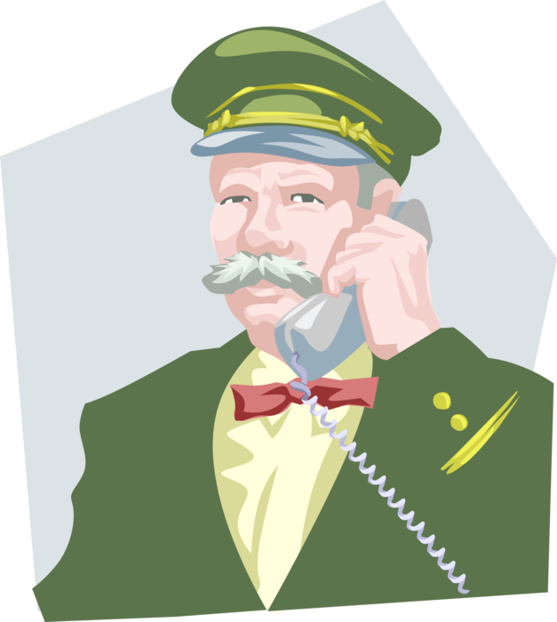 Vector Illustration of Hospitality Industry Hotel Concierge Bell Hop Captain Answers Guest Services Telephone