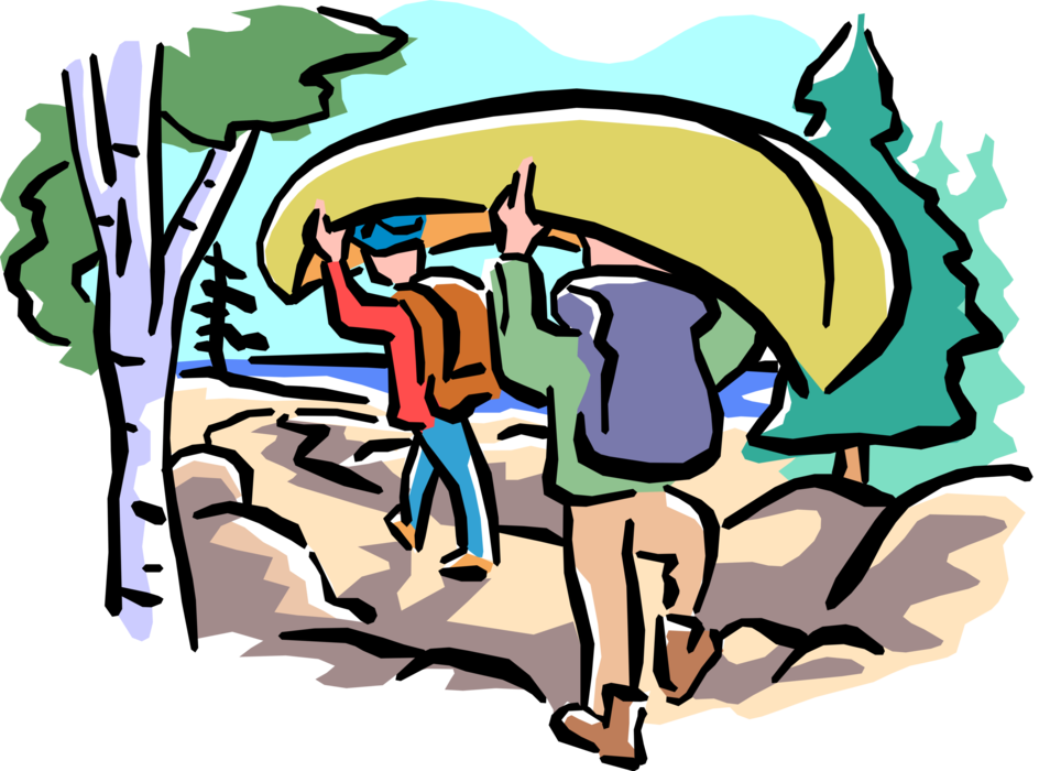 Vector Illustration of Canoeing Campers Portaging Canoe in the Great Outdoors