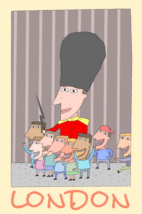 Vector Illustration of Tourists with British Royal Queen's Guard, London, Great Britain