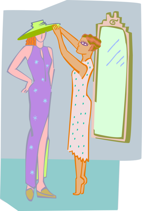 Vector Illustration of Fashion Design and Garment Industry Dressmaker Seamstress Dresses Model and Adjusts Hat