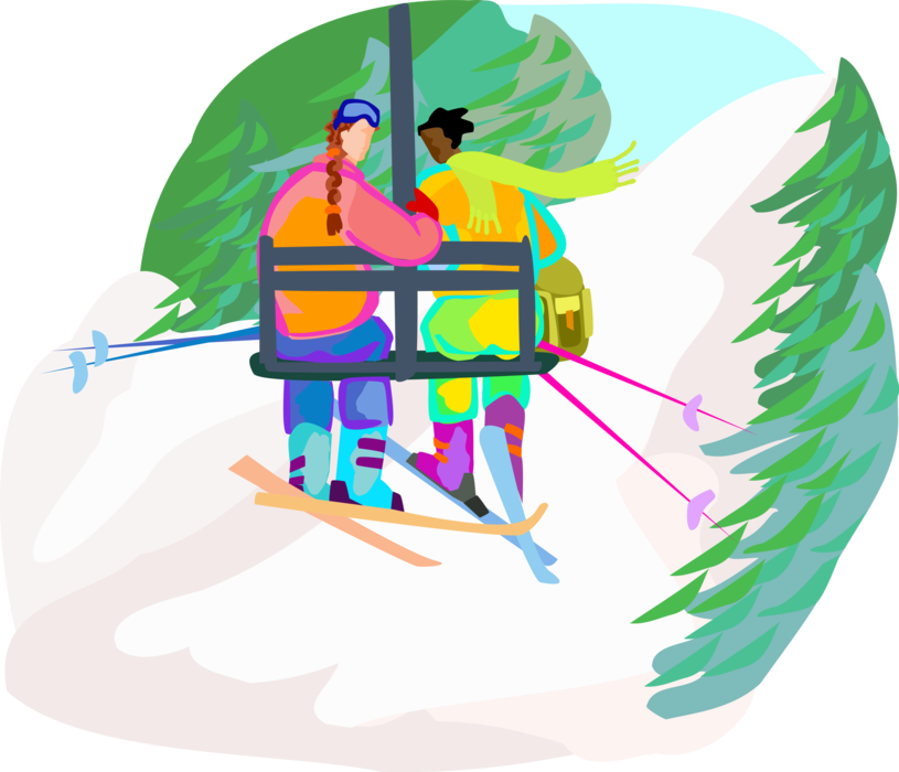 Vector Illustration of Winter Downhill Skiing Alpine Skiers Ride Chair Lift to Mountain Top