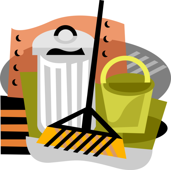 Vector Illustration of Garbage or Trash Can with Broom and Pail