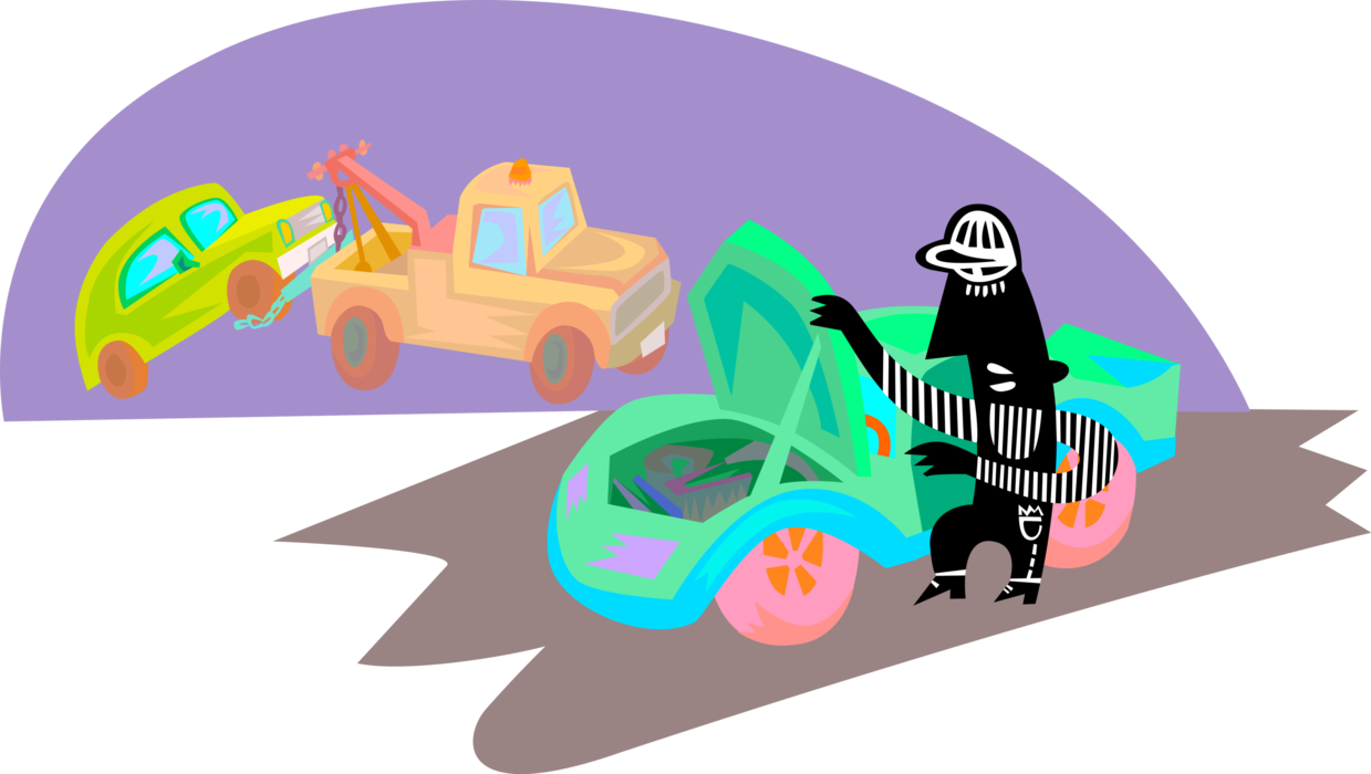 Vector Illustration of Automotive Breakdown with Tow Truck and Car Motor Vehicle