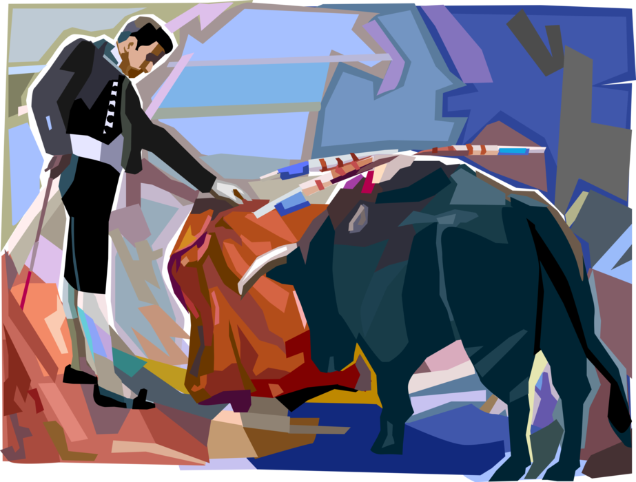 Vector Illustration of Spanish Matador Toreador Bullfighter in the Bullring Fights Charging Bull with Red Cape, Spain
