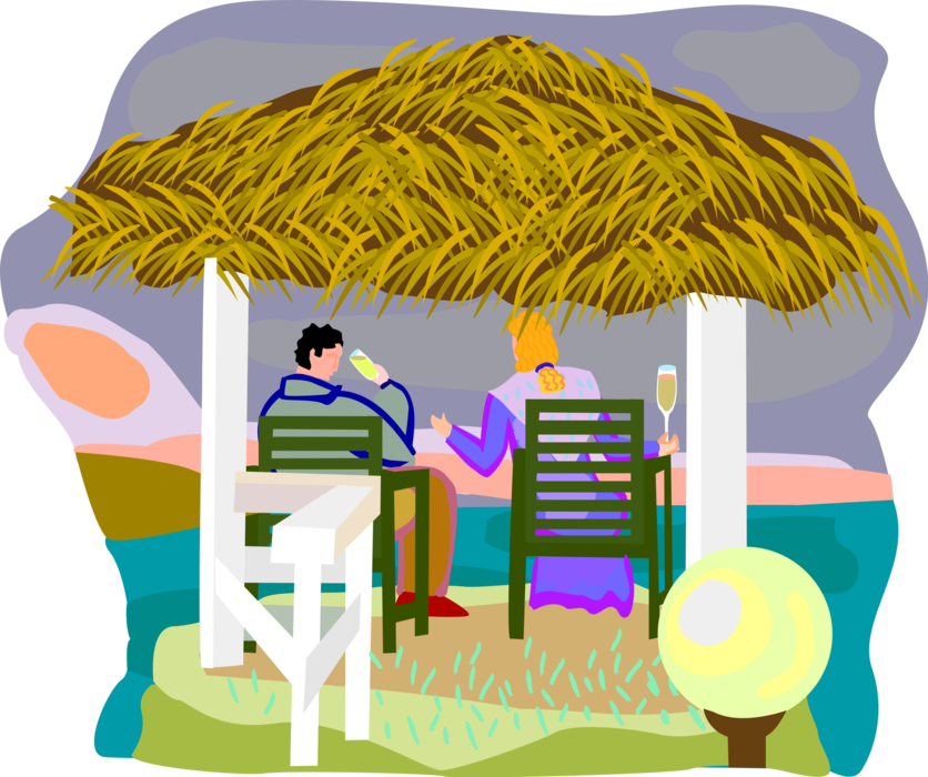 Vector Illustration of Vacation at Beach with Alcohol Beverages Under Cabana Bar