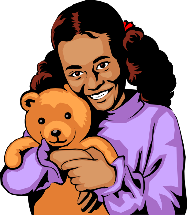Vector Illustration of Young Girl with Stuffed Animal Teddy Bear