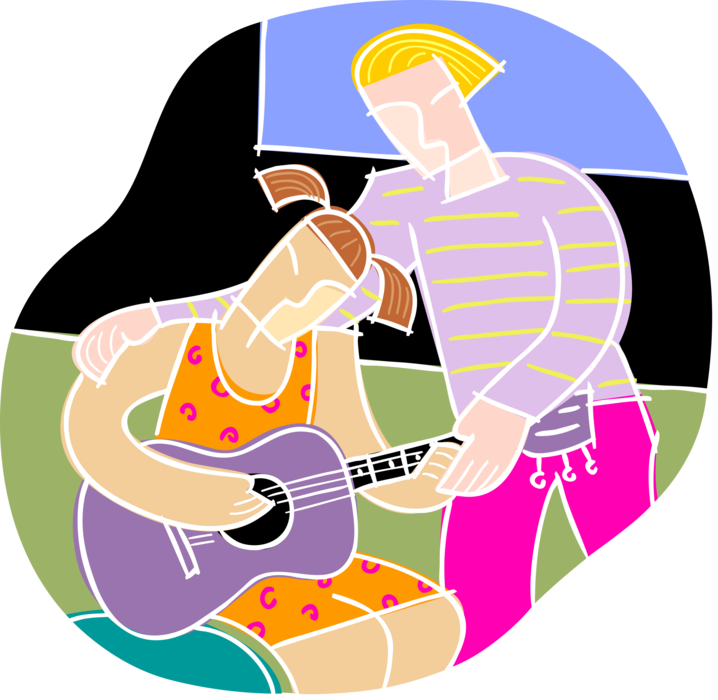 Vector Illustration of Student Learning to Play the Guitar with Teacher Instructor in Music Class