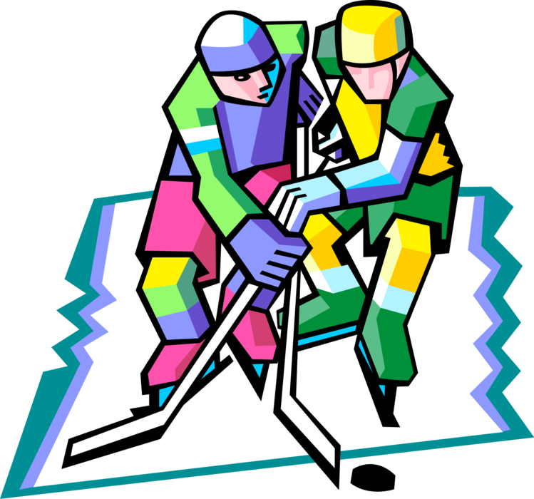 Vector Illustration of Sport of Ice Hockey Players Battle for Puck Skating Down the Rink