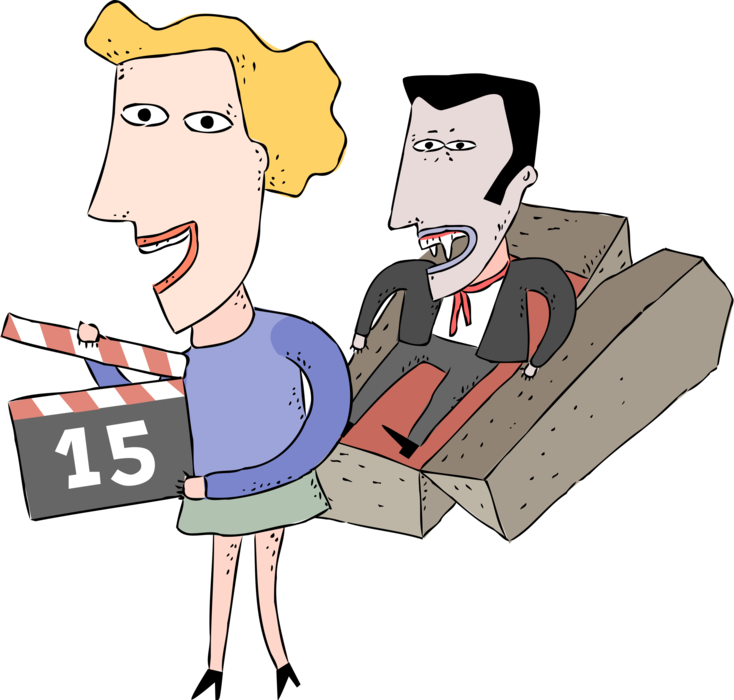 Vector Illustration of Hollywood Director's Assistant with Clapperboard and Dracula in Movie Filming