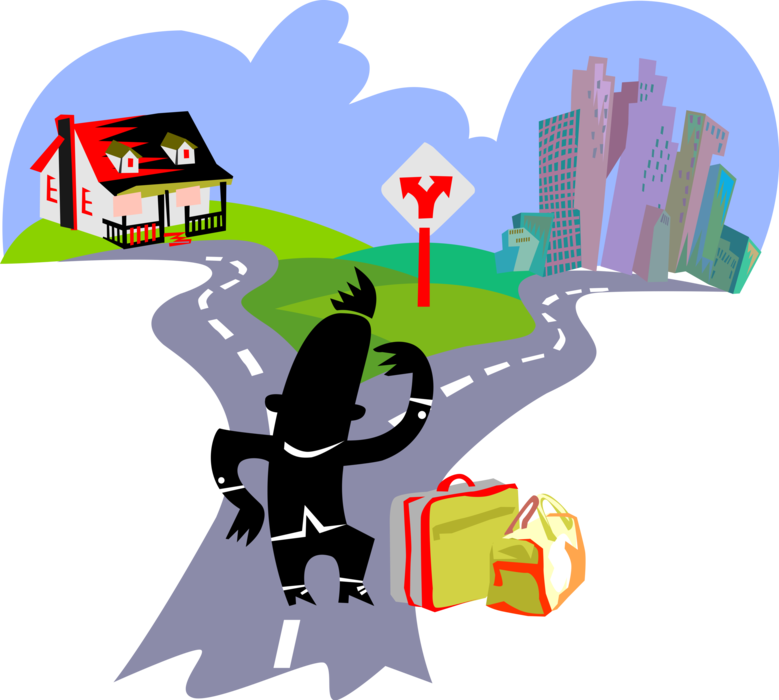 Vector Illustration of Man with Luggage at Fork in the Road, Rural Vs. Urban Lifestyle