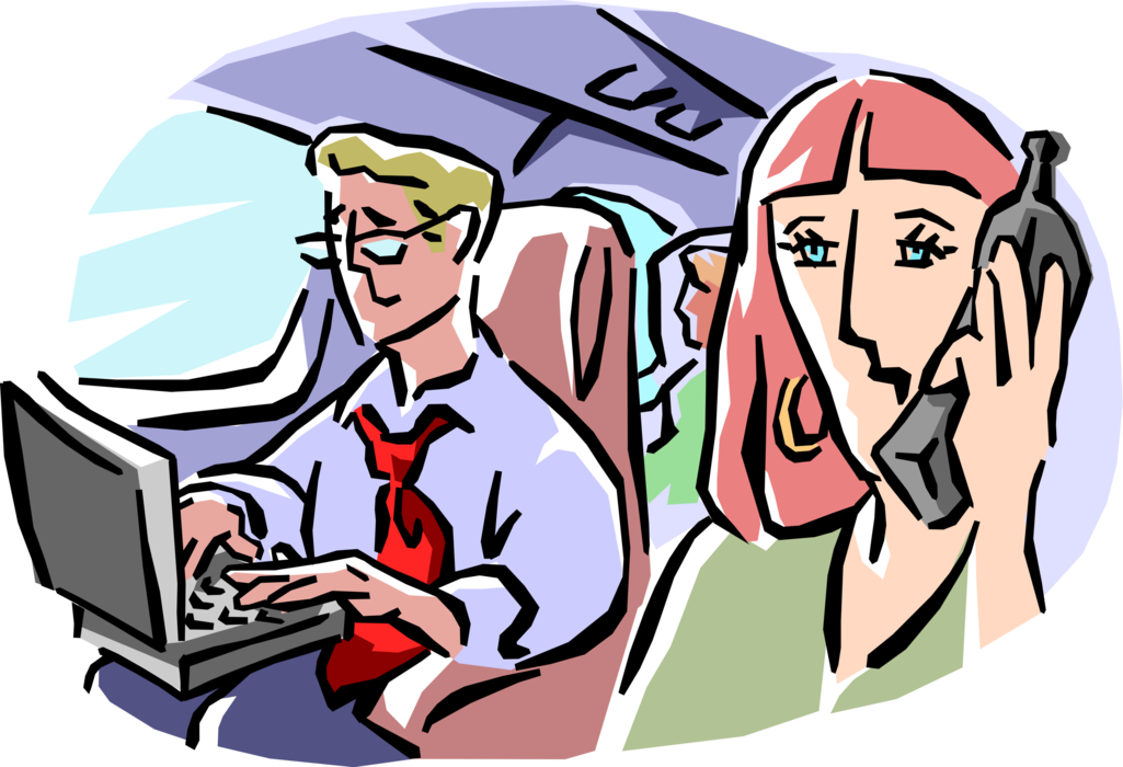 Vector Illustration of Working Businessman and Woman Travel by Air on Business Trip