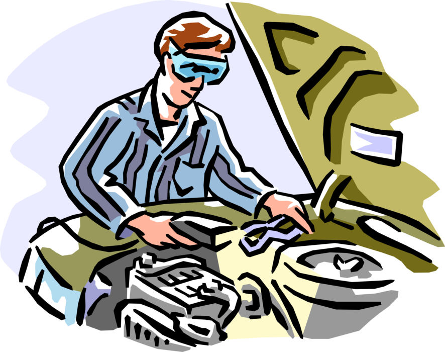 Vector Illustration of Automotive Mechanic Works on Automobile Engine Repairs