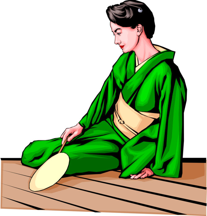 Vector Illustration of Japanese Woman with Fan and Green Kimono