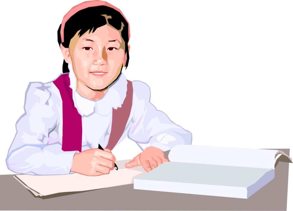 Vector Illustration of Female Student Child Working on School Homework