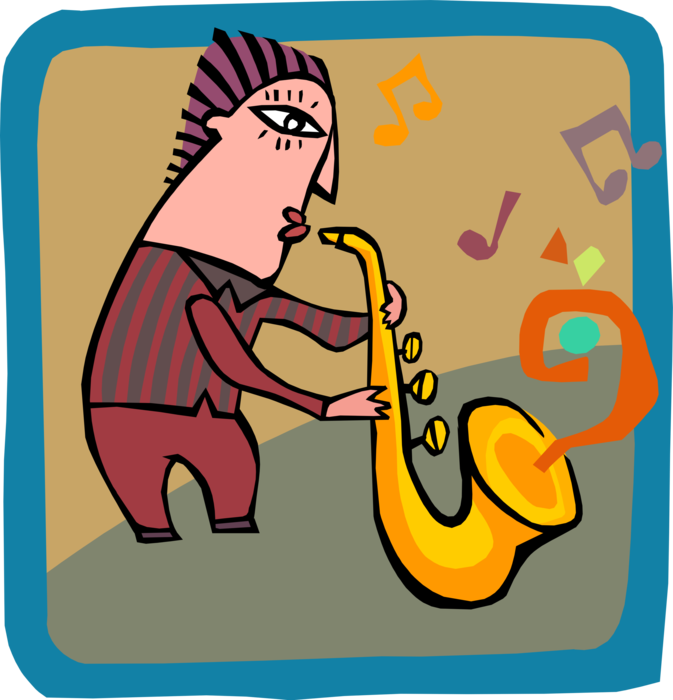 Vector Illustration of Jazz Sax Musician Plays Saxophone Brass Single-Reed Mouthpiece Instrument
