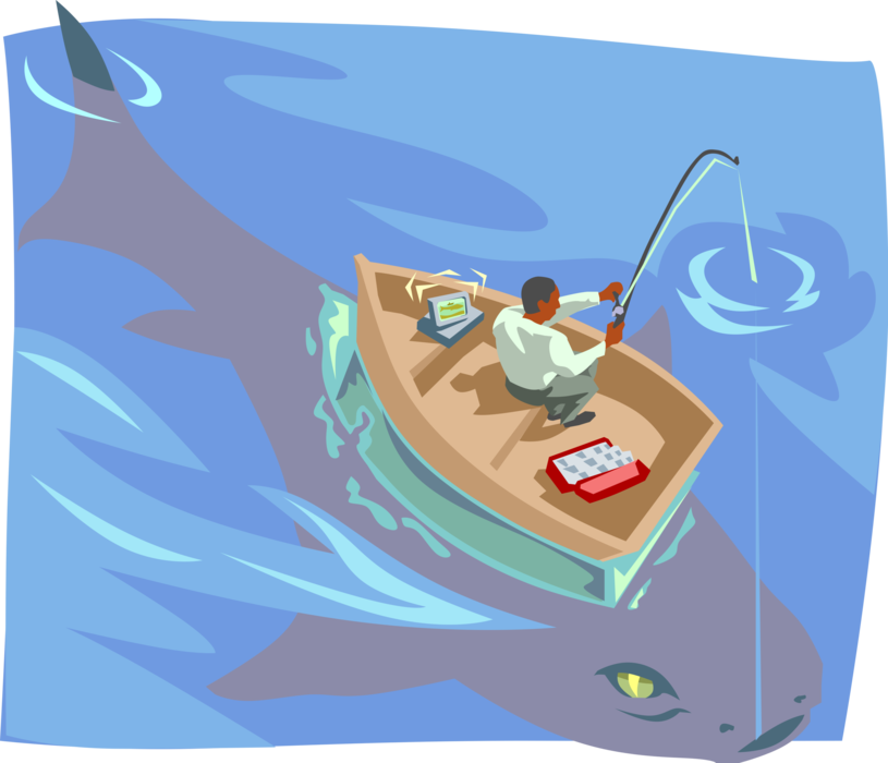 Vector Illustration of Businessman Fishing Large Marine Predator Shark Swimming Below