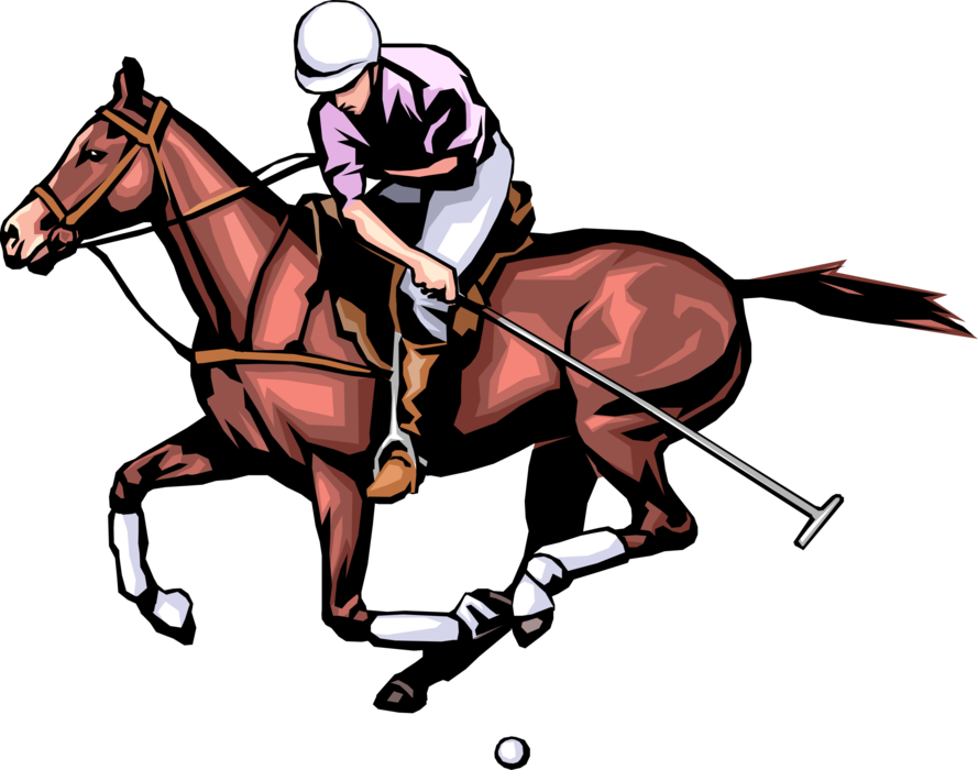 Vector Illustration of Sport of Polo Player on Horseback Strikes the Ball