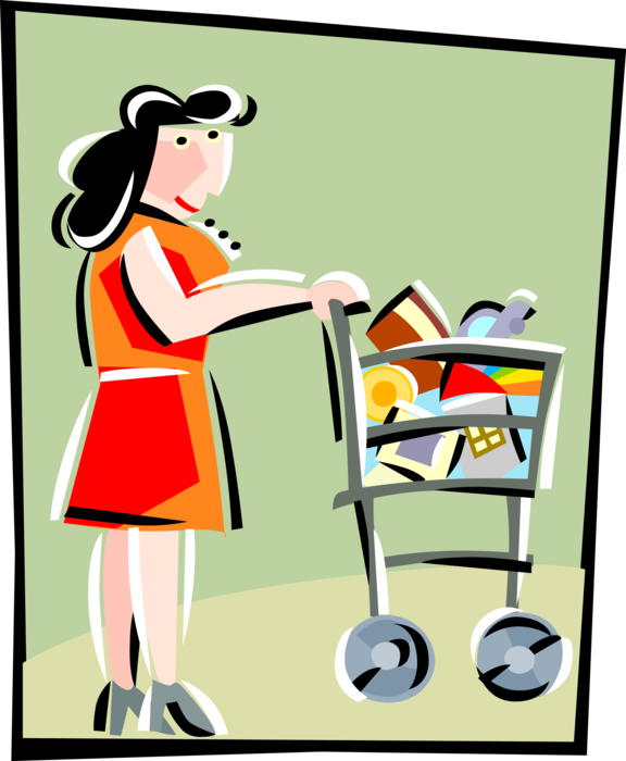 Vector Illustration of Shopper with Shopping Cart in Grocery Store Supermarket