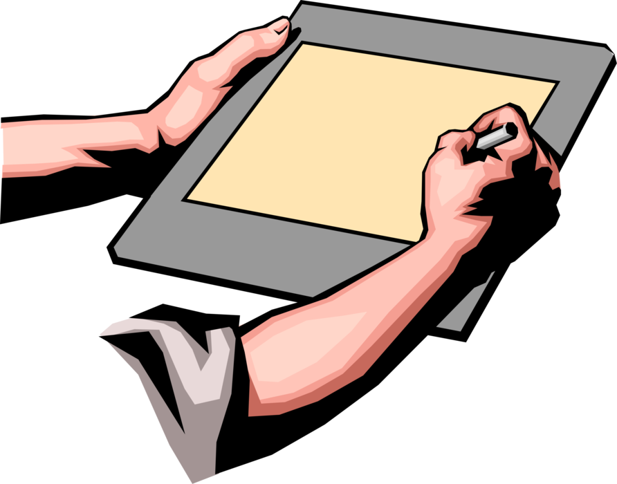 Vector Illustration of Hands Drawing or Writing on Large Computer Tablet