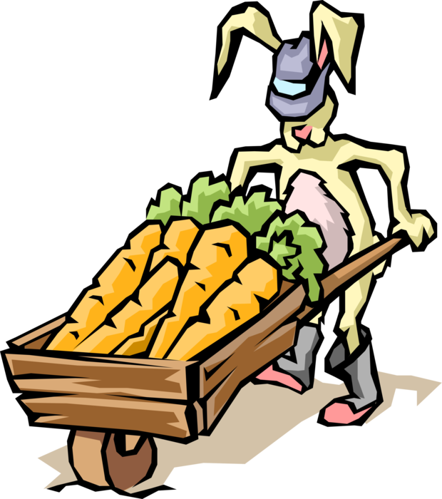 Vector Illustration of Small Mammal Rabbit with Garden Vegetable Carrots in Cart